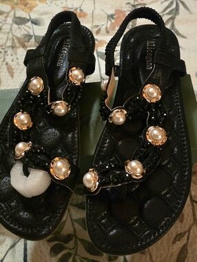 Black Pearl-Accent Slingback Sandals